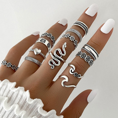 R-1564 12/13Pcs set Vintage Silver Metal Snake Flowers Geometric Crystal Midi Finger Rings Sets for Women Boho Party Jewelry