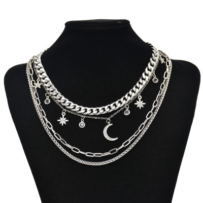 Fashion Gold Silver Moon Star Multilayer Alloy Necklace Jewelry Women Gifts