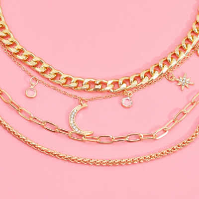 N-7688 Fashion Gold Silver Moon Star Multilayer Alloy Necklace Jewelry Women Gifts