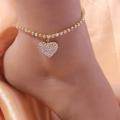 B-1174 Romantic Full Crystal Rhinestone Heart Pendant Anklet for Women Bridal Wedding Party Jewelry Gift