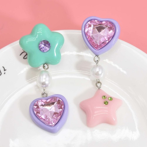 E-6391 Cute Colorful Heart Star Earrings for TeenGirls Women Rhinestone Pearl Asymmetric Dangle Earring For Any Occasions