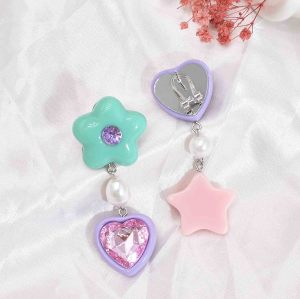 Cute Colorful Heart Star Earrings for TeenGirls Women Rhinestone Pearl Asymmetric Dangle Earring For Any Occasions
