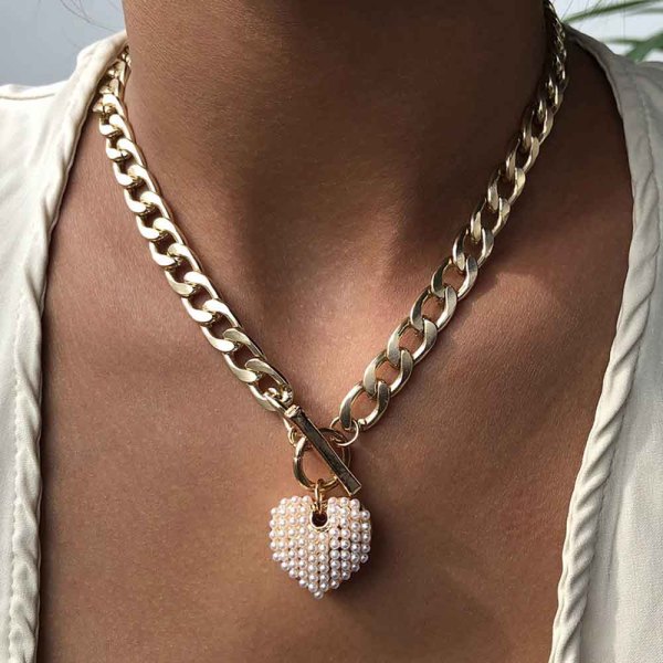 N-7695 Elegant Gold Chain Pearls Heart Pendant Necklaces for Women Lady Wedding Party Jewelry Gift
