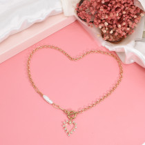 N-7697 Women Fashion Alloy Chain Gold Diamond Heart Pearl Necklace Jewelry