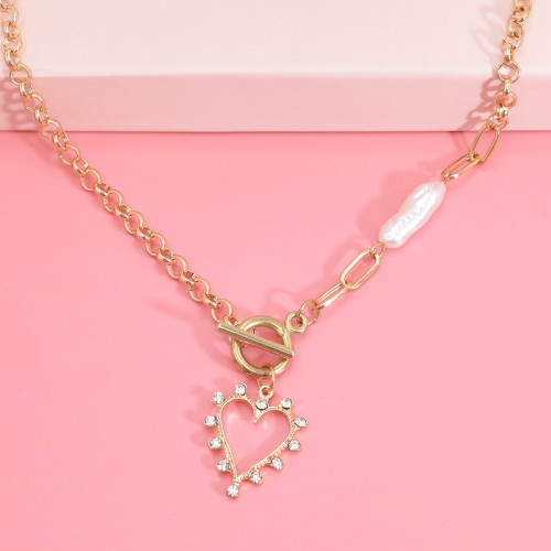 N-7697 Women Fashion Alloy Chain Gold Diamond Heart Pearl Necklace Jewelry
