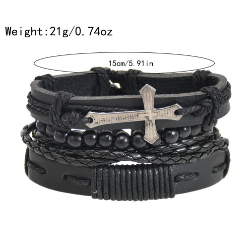 B-1184 4Pcs/Set Black Leather Cross Charms Beads Bracelets for Men Punk Handmade Party Jewelry Gift