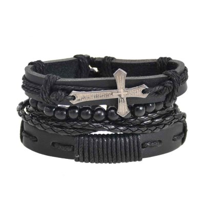 B-1184 4Pcs/Set Black Leather Cross Charms Beads Bracelets for Men Punk Handmade Party Jewelry Gift