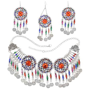 N-7704 Bohemian Vintage Metal Colorful Crystal Coin Necklaces Earrings Hair Clips Sets Festival Dance Party Jewelry sets