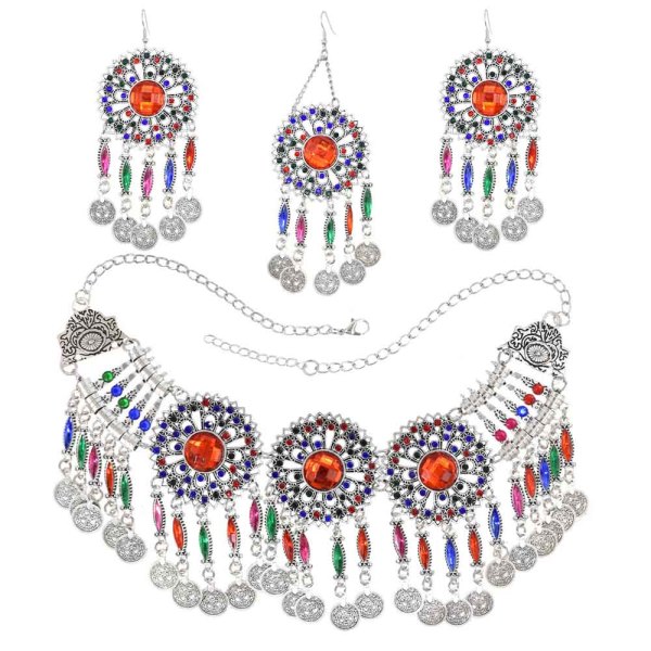 N-7704 Bohemian Vintage Metal Colorful Crystal Coin Necklaces Earrings Hair Clips Sets Festival Dance Party Jewelry sets
