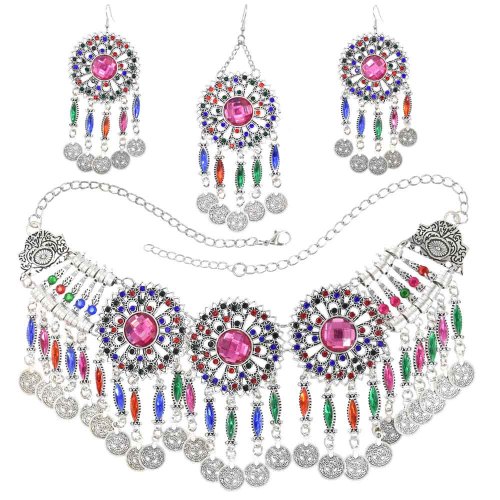 N-7704 Bohemian Vintage Metal Colorful Crystal Coin Necklaces Earrings Hair Clips Sets Festival Dance Party Jewelry sets