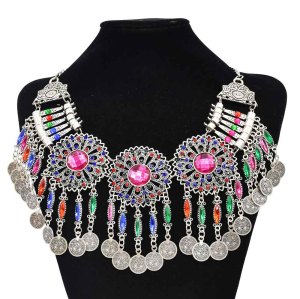 N-7704 Bohemian Vintage Metal Colorful Crystal Coin Necklaces Earrings Hair Clips Sets Festival Dance Party Jewelry sets