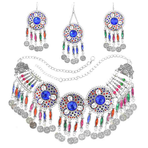 N-7706 Women Fashion Bohemian Vintage Metal Colorful Crystal Coin Necklaces Earrings Hair Clips Sets Jewelry