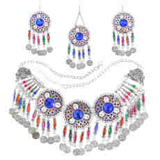 N-7706 Women Fashion Bohemian Vintage Metal Colorful Crystal Coin Necklaces Earrings Hair Clips Sets Jewelry