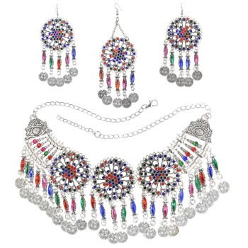 N-7705 Bohemian Ethnic Vintage Earring Necklace Set Long Fringe Coin Colorful Exquisite Pattern Jewelry Set For Women Girls