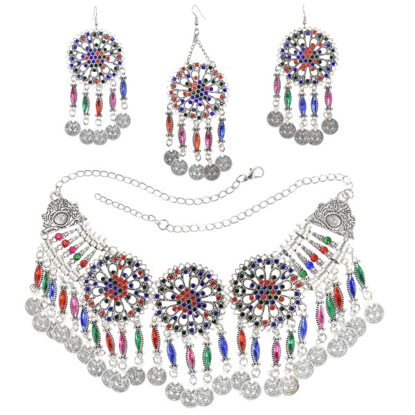 N-7705 Bohemian Ethnic Vintage Earring Necklace Set Long Fringe Coin Colorful Exquisite Pattern Jewelry Set For Women Girls