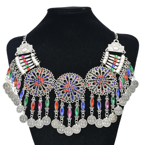 N-7705 Bohemian Ethnic Vintage Earring Necklace Set Long Fringe Coin Colorful Exquisite Pattern Jewelry Set For Women Girls