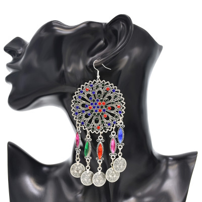 N-7705 Bohemian Ethnic Vintage Earring Necklace Set Long Fringe Coin Colorful Exquisite Pattern Jewelry Set For Women Girls