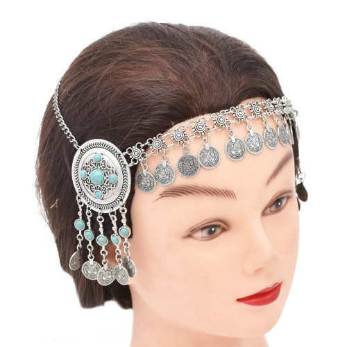 F-0962 Bohemian Boho Headpiece For Women Turquoise Long Tassel Coin headpiece Decoration Hair Accessories Jewelry For Women Dancing Girls