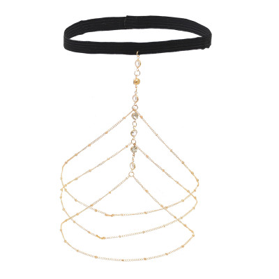 N-7707 Women Fashion Sexy Black Rope Elastic Gold Silver Thigh Chain Diamond Pendant Leg Chain Beach Party Body Jewelry