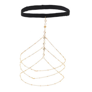 N-7707 Women Fashion Sexy Black Rope Elastic Gold Silver Thigh Chain Diamond Pendant Leg Chain Beach Party Body Jewelry