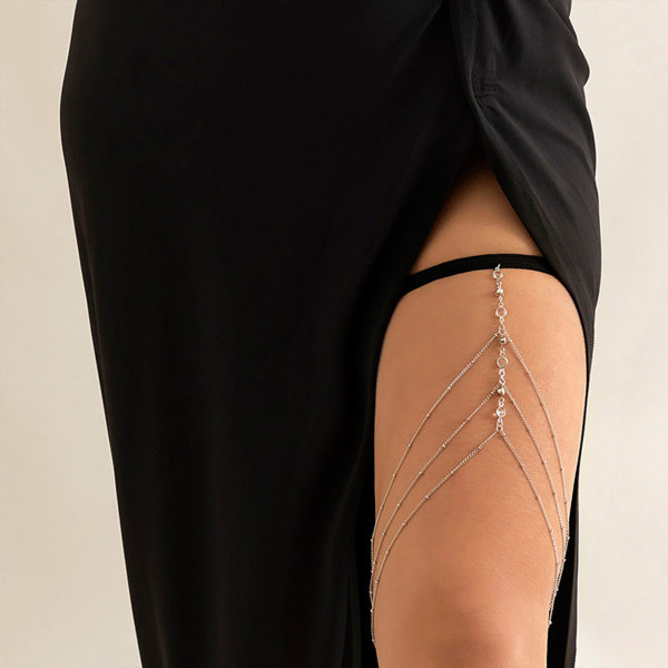 N-7707 Women Fashion Sexy Black Rope Elastic Gold Silver Thigh Chain Diamond Pendant Leg Chain Beach Party Body Jewelry