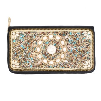 N-7710 Women Fashion Leather Clutch Handbags Zipper Blocking Wallet Purse With Beads Turquoise Stone For Women Girls