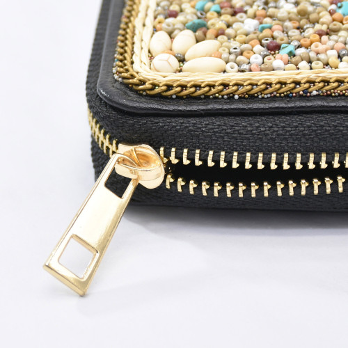 N-7710 Women Fashion Leather Clutch Handbags Zipper Blocking Wallet Purse With Beads Turquoise Stone For Women Girls