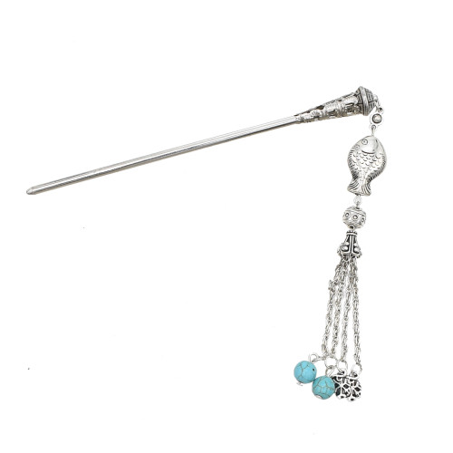 F-0964 Vintage Fish Charms Hair Pin Turquoise Beads Tassels Hair Pins