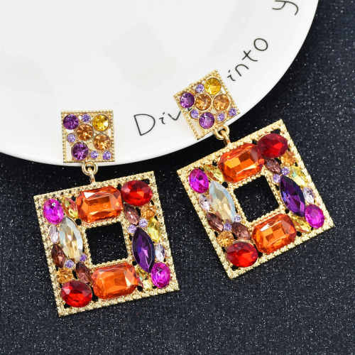 E-6397 Women Fashion Alloy Diamond Multi Layer Square Pendant Earrings Jewelry