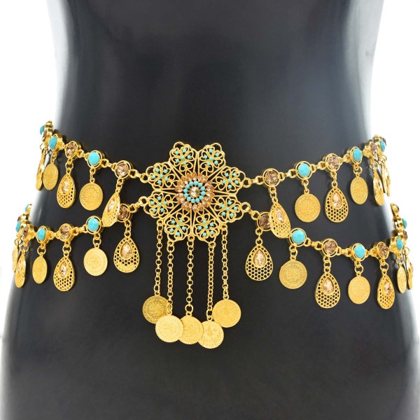 N-7721 Indian Vintage Gold Silver Metal Coin Tassel Carved Flower Crystal Belly Dance Waist Body Chains for Women Party Jewelry Gift