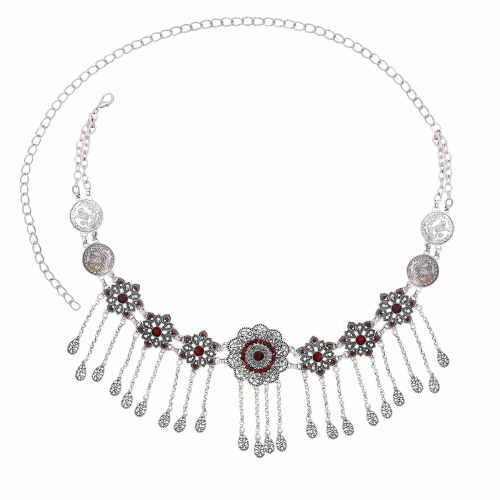 N-7723 Women Fashion Vintage Silver Tassel Carved Flower Crystal Belly Dance Waist Body Chains Party Indian Jewelry
