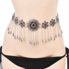 N-7723 Women Fashion Vintage Silver Tassel Carved Flower Crystal Belly Dance Waist Body Chains Party Indian Jewelry