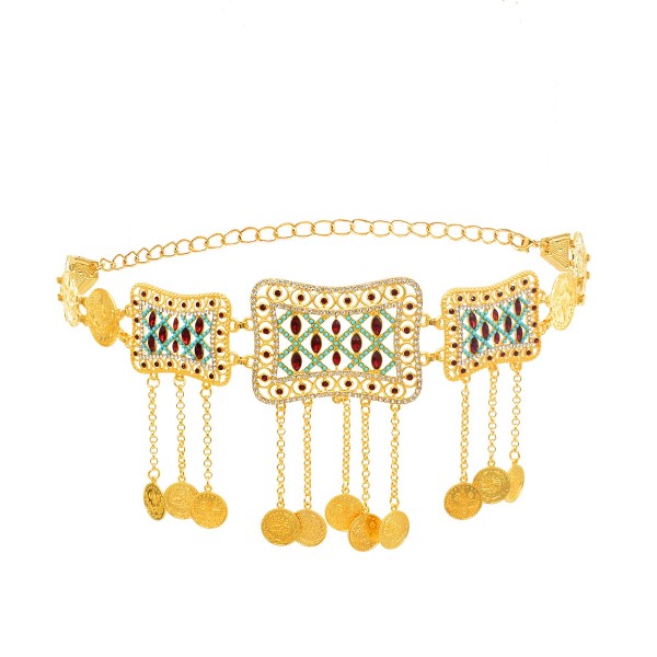 N-7724 Egyptian Crystal Carved Pattern Waist Belly Chains Long Tassel Coins Dancing Beach Belt Statement Body Chain  India Ethnic Boho Turkish Jewelry