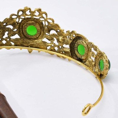 F-0969 Baroque Style Vintage Gold Metal Green Stone Crowns Tiaras for Women Queen Wedding Hair Accessories
