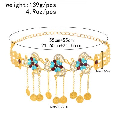 N-7725 Vintage Metal Hollow Flower Crystal Coin Tassel Belly Dance Waist Chains for Women Thailand Party Jewelry