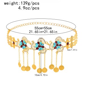N-7725 Vintage Metal Hollow Flower Crystal Coin Tassel Belly Dance Waist Chains for Women Thailand Party Jewelry