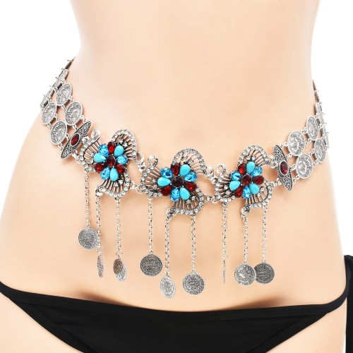N-7725 Vintage Metal Hollow Flower Crystal Coin Tassel Belly Dance Waist Chains for Women Thailand Party Jewelry
