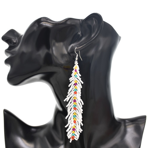 E-6407 Ethnic Bohemia Style Handmade Colorized Seed Beads Feather Shape Statement Seed Beads Drop Earrings