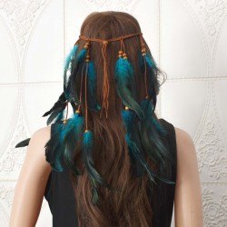 F-0970 Ethnic Rope Woven Wooden Beads Feather Headbands for Women Boho Handmade Indian Festival Party Hair Accessories