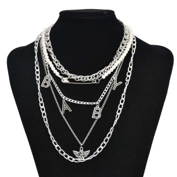N-7729 Multialyers Vintage Silver Chain Pearls BABY Letter Angel Pendant Necklaces for Women Punk Party Jewelry Gift