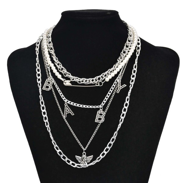 N-7729 Multialyers Vintage Silver Chain Pearls BABY Letter Angel Pendant Necklaces for Women Punk Party Jewelry Gift
