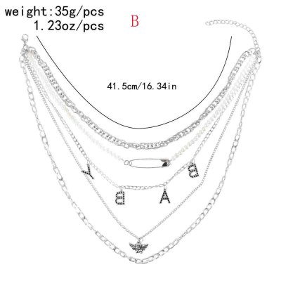 N-7729 Multialyers Vintage Silver Chain Pearls BABY Letter Angel Pendant Necklaces for Women Punk Party Jewelry Gift