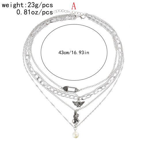 N-7729 Multialyers Vintage Silver Chain Pearls BABY Letter Angel Pendant Necklaces for Women Punk Party Jewelry Gift