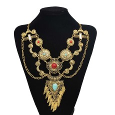 N-7731 Exaggerated Gold Metal Geometric Red Blue Stone Chunky Necklaces for Women Indian Gypsy Jewelry Gift