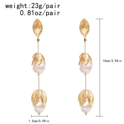 E-6412 Elegant Gold Flower Pearl Drop Earrings for Women Bridal Wedding Party Jewelry Gift