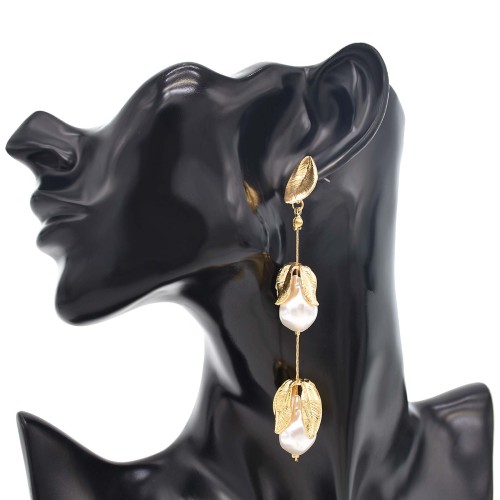E-6412 Elegant Gold Flower Pearl Drop Earrings for Women Bridal Wedding Party Jewelry Gift