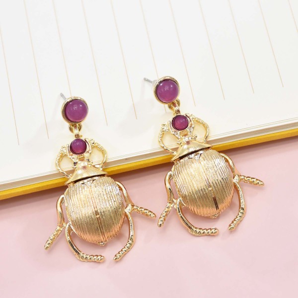 E-6414 Vintage Bug Insect Earrings Charms Metal Beetle Crystal Shell Stunning Antiqued Gold Scarab Drop Earrings