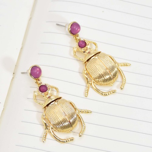E-6414 Vintage Bug Insect Earrings Charms Metal Beetle Crystal Shell Stunning Antiqued Gold Scarab Drop Earrings