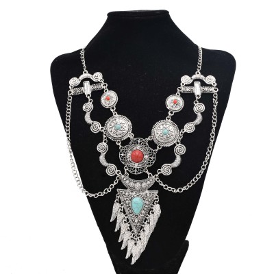 N-7731 Exaggerated Gold Silver Metal Geometric Red Blue Stone Chunky Necklaces for Women Indian Gypsy Jewelry Gift