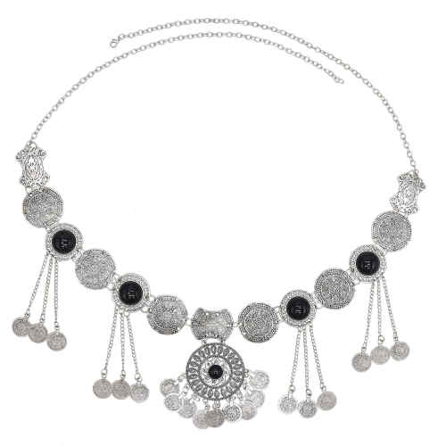 N-7735 Women Fashion Vintage Silver Hollow Flower Crystal Coin Tassel Belly Dance Waist Chains Party Jewelry